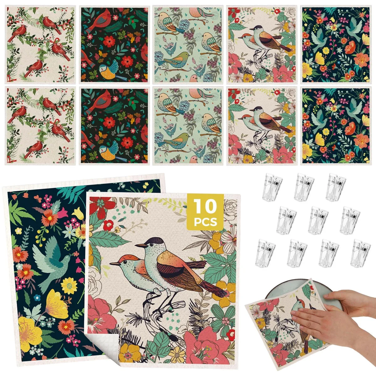 3M Swedish Dishcloths 10PCS Birds Flowers Pattern — product photo