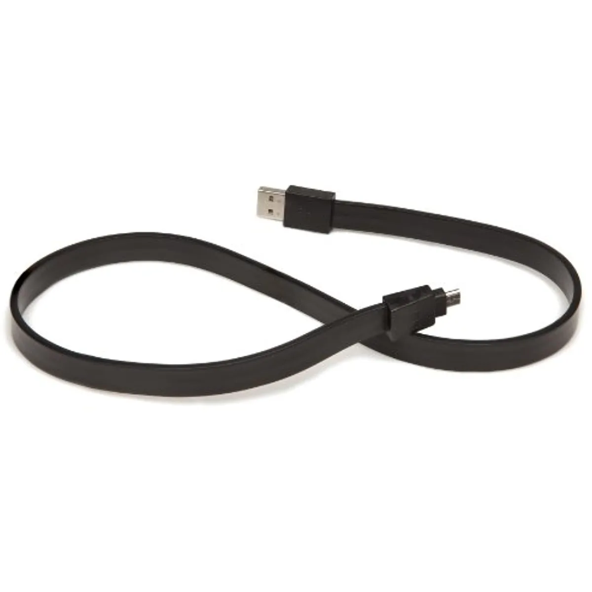 Black flat ribbon Micro-USB to USB-A cable, two feet long