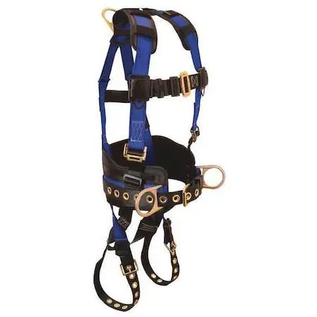 Blue and black full-body safety harness vest with steel D-rings at back and hips, padded back and shoulders