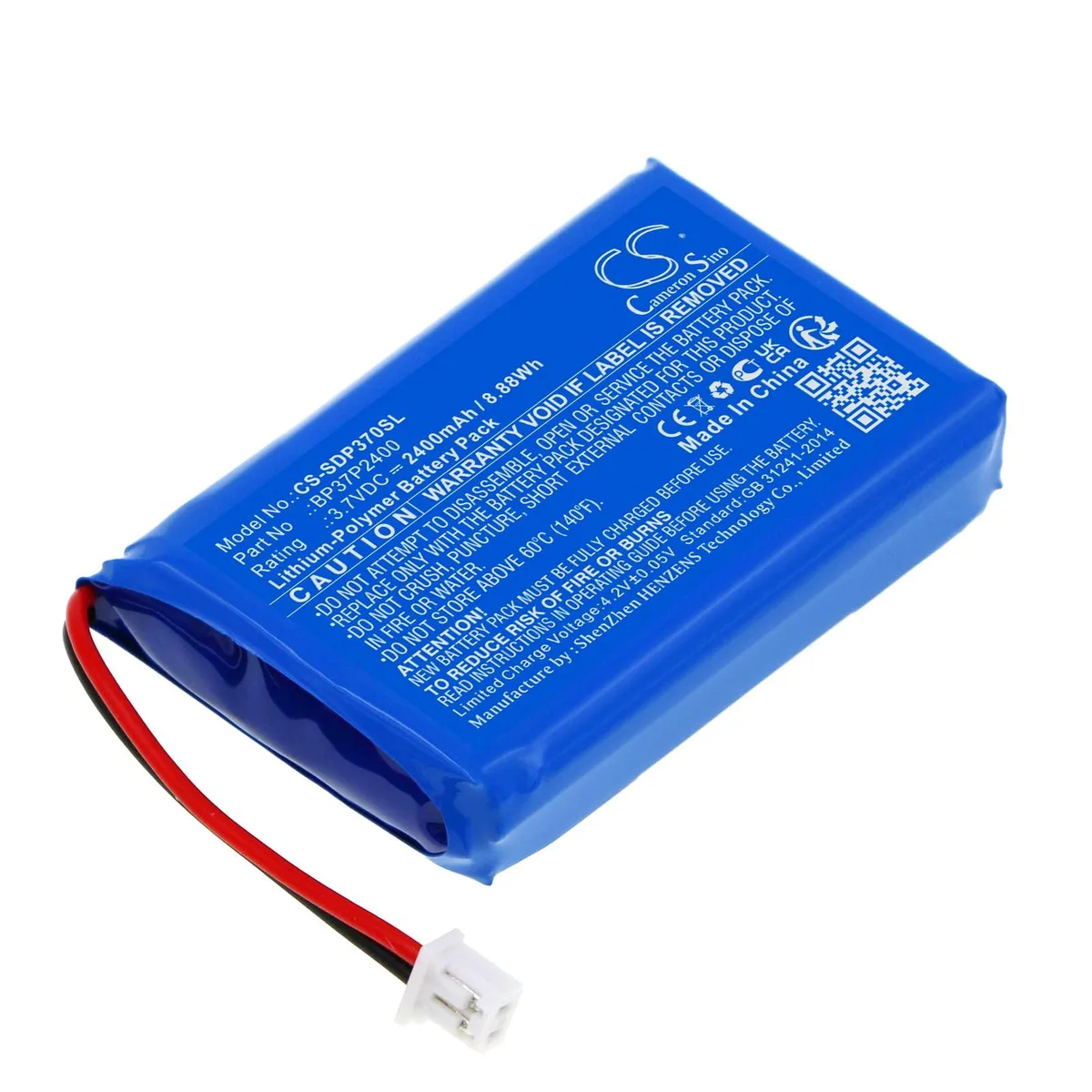 Rectangular lithium-ion battery pack, dark plastic casing, two wire leads with connector, compact size 52.50 by 34.50 by 13.20 mm