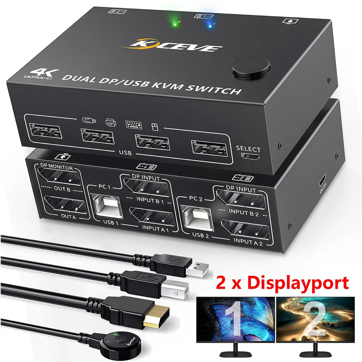 IHDAPP IHDAPP 202DPA Dual Monitor DP1.4 KVM Switch 8K@30Hz 4K@120Hz 2 Ports Wired Remote — product photo