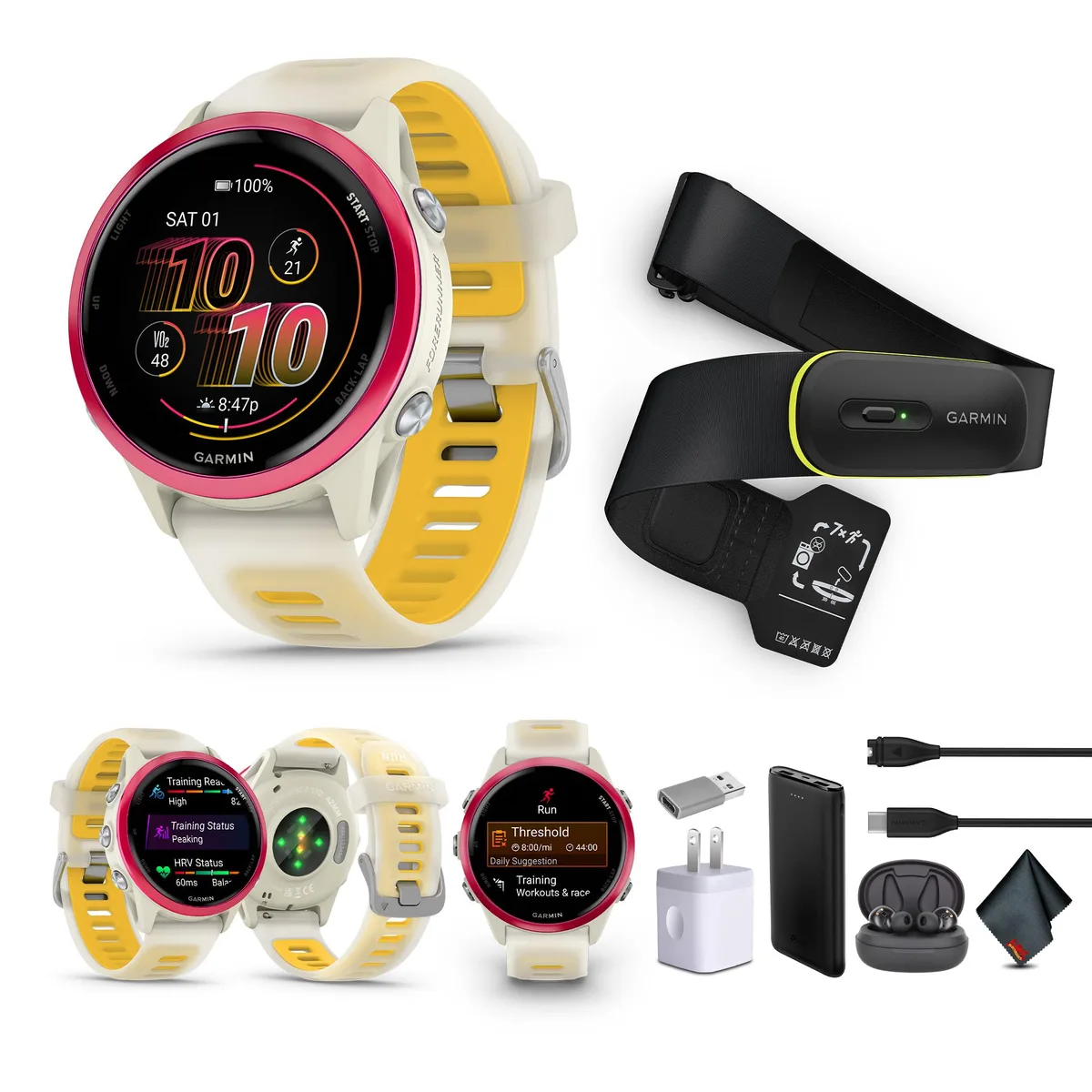 Garmin Garmin Forerunner 570 42MM Bone/Raspberry/Mango Air Pro EarBuds wearable technology — product photo
