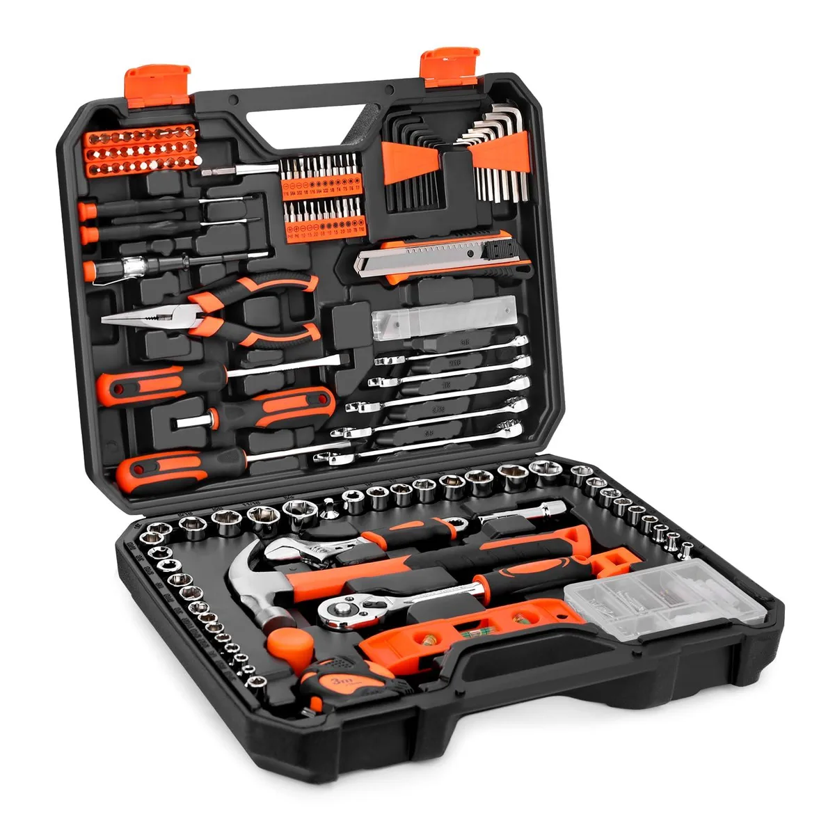 Red plastic toolbox case holding 248-piece tool set