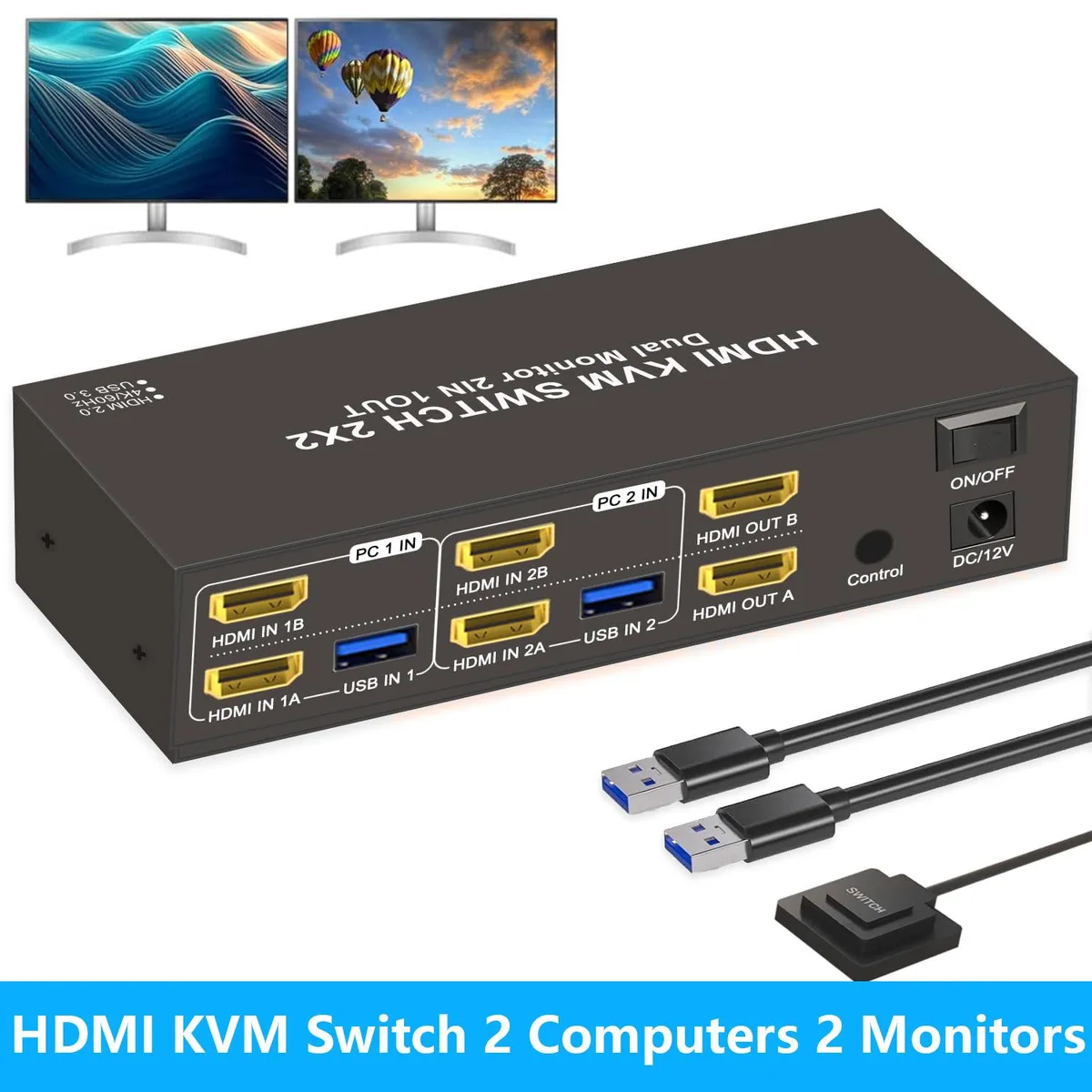Hitoor Hitoor TA202-U3A 2-PC 2-Monitor KVM Switch 4K 60Hz 4 USB 3.0 — product photo