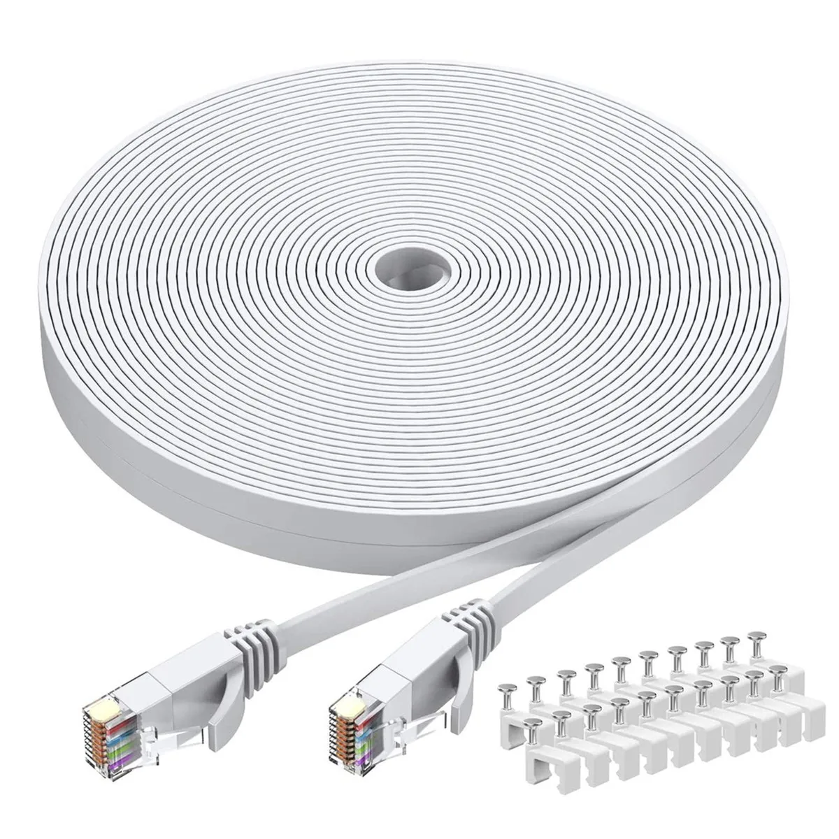 White flat Cat6 Ethernet cable 50 ft with RJ45 connectors and mounting clips