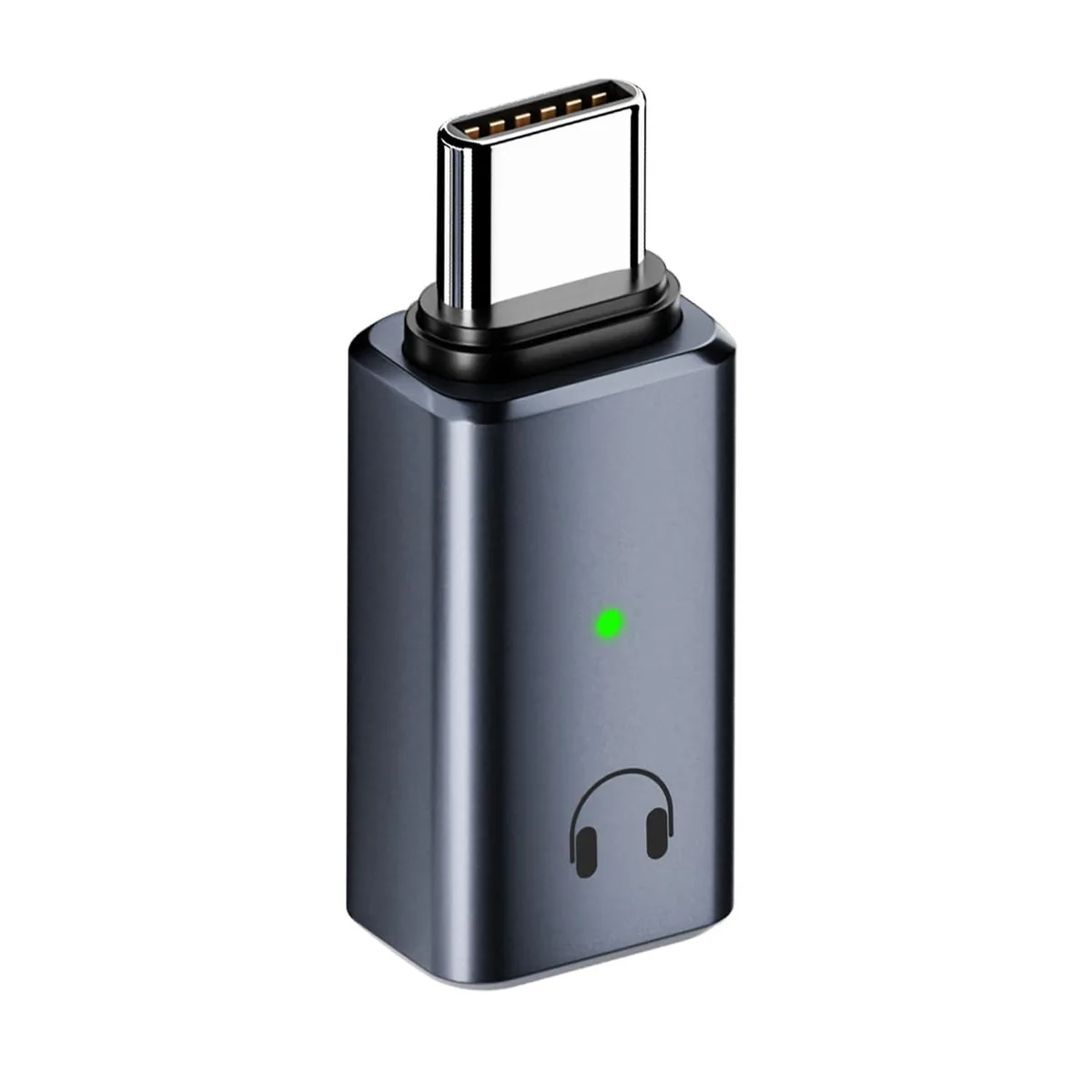 Grey USB-C to headphone jack adapter, compact aluminium shell