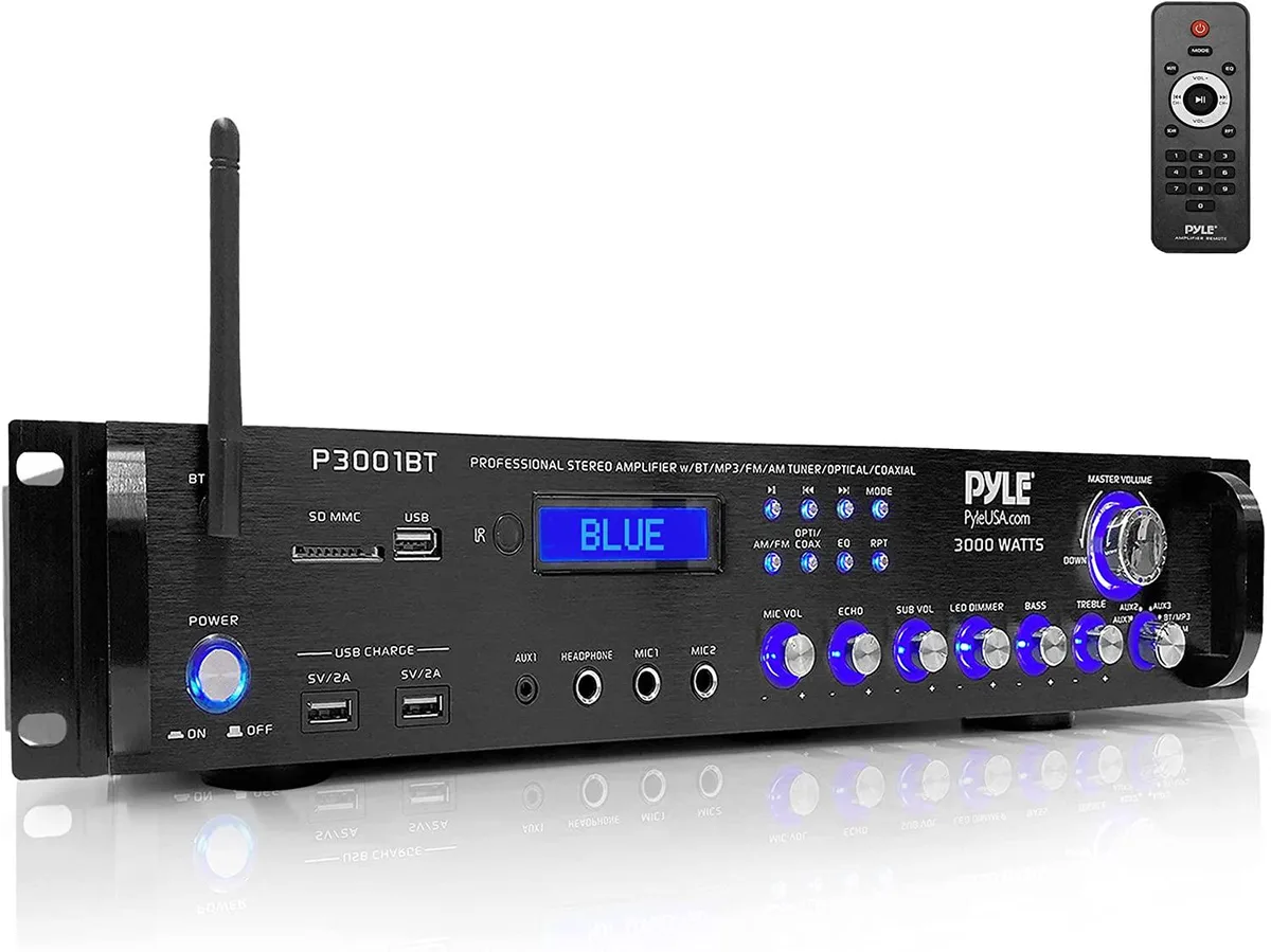Silver rack-mount amplifier with blue LED display, rotary knobs and multiple input ports