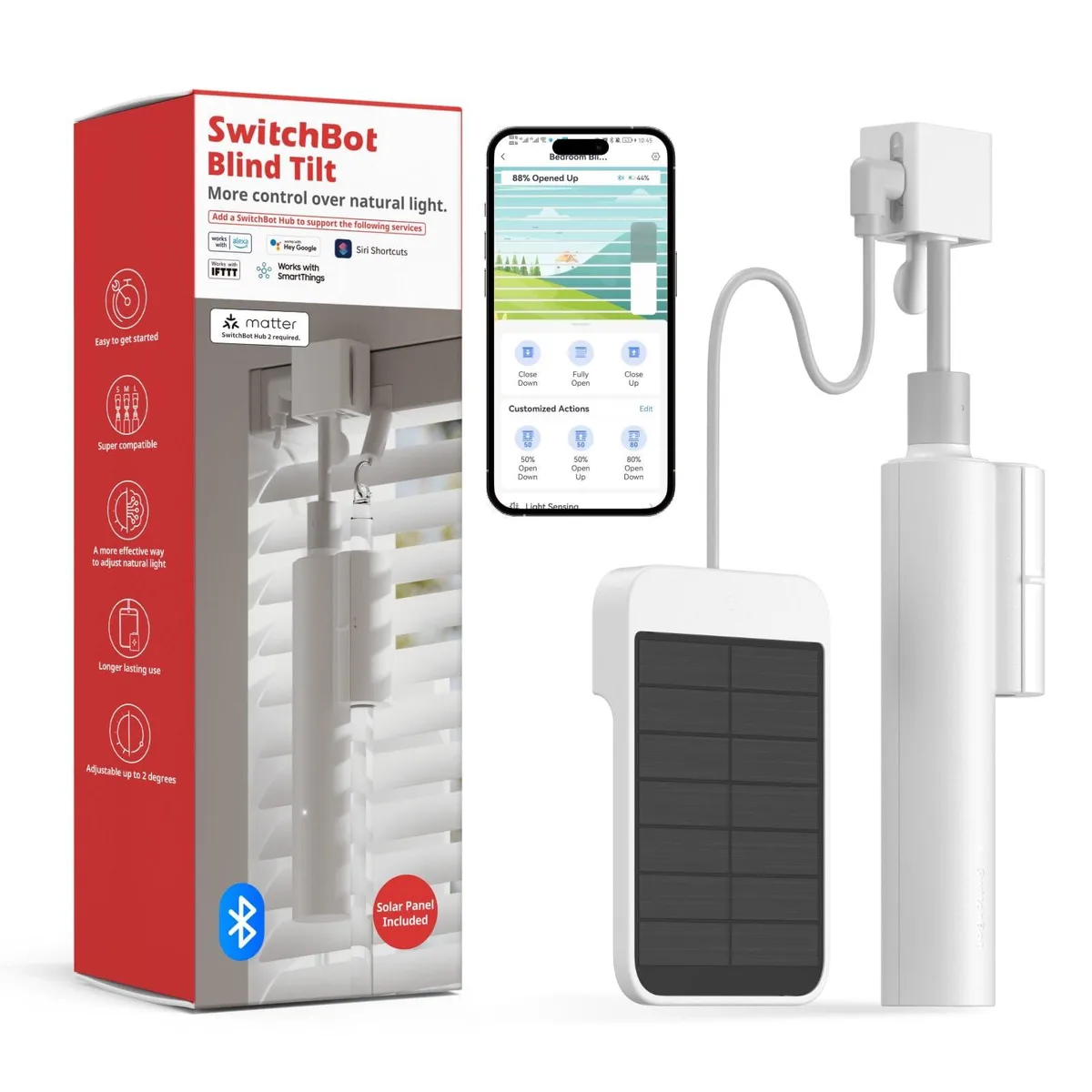 White rectangular motor unit with solar panel attached, 1.9 by 8.3 inches