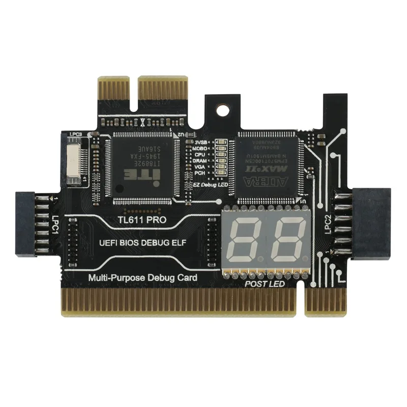 Green rectangular plastic diagnostic card with gold edge connectors and multiple status LEDs
