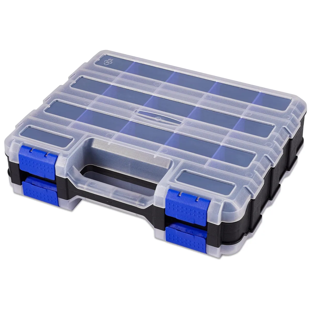 Blue double-sided plastic tool organiser with transparent lid, top handle and two latches, 34 compartments