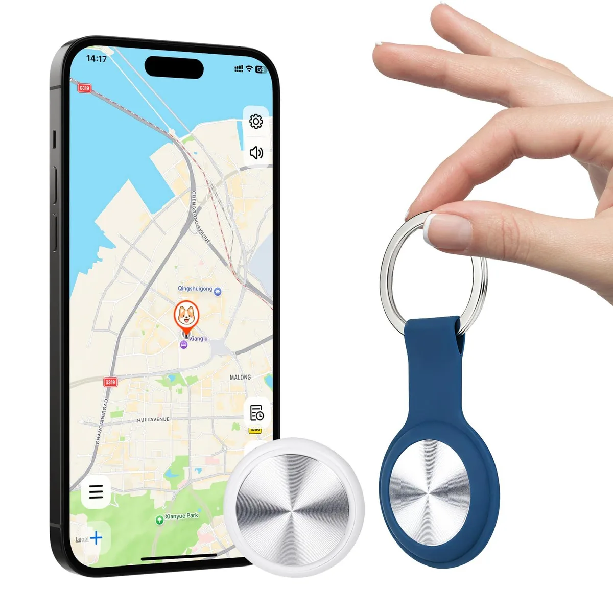 Black circular tracker with white face and silver ring, key-ring hole at top