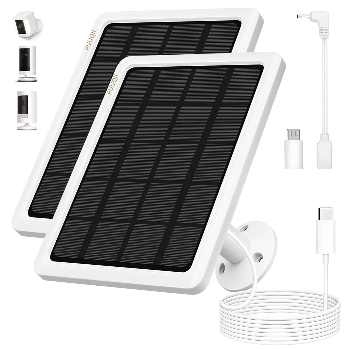 Two white rectangular solar panels with 360° adjustable mounts and 10FT cables