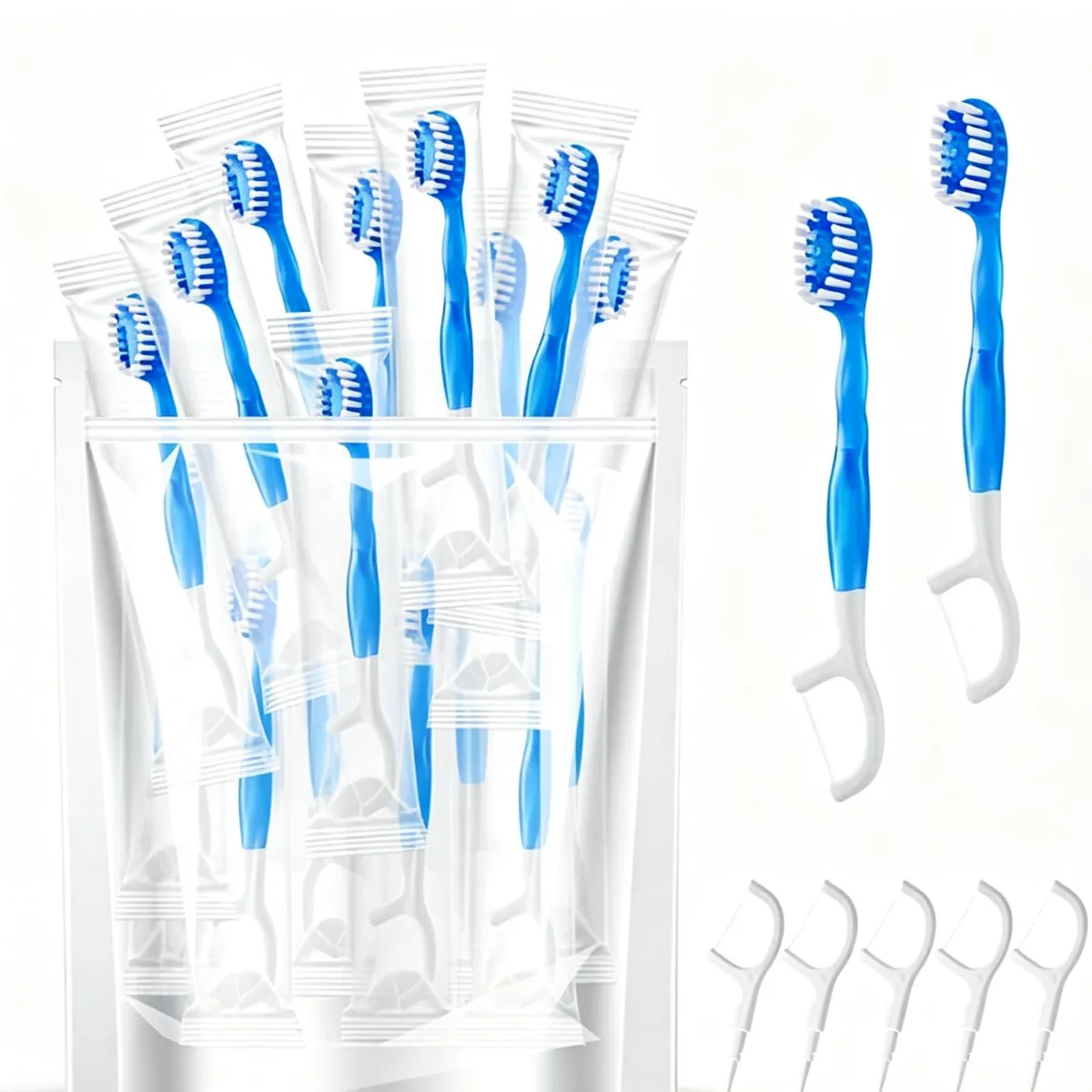 Box of 30 white disposable travel toothbrushes individually wrapped