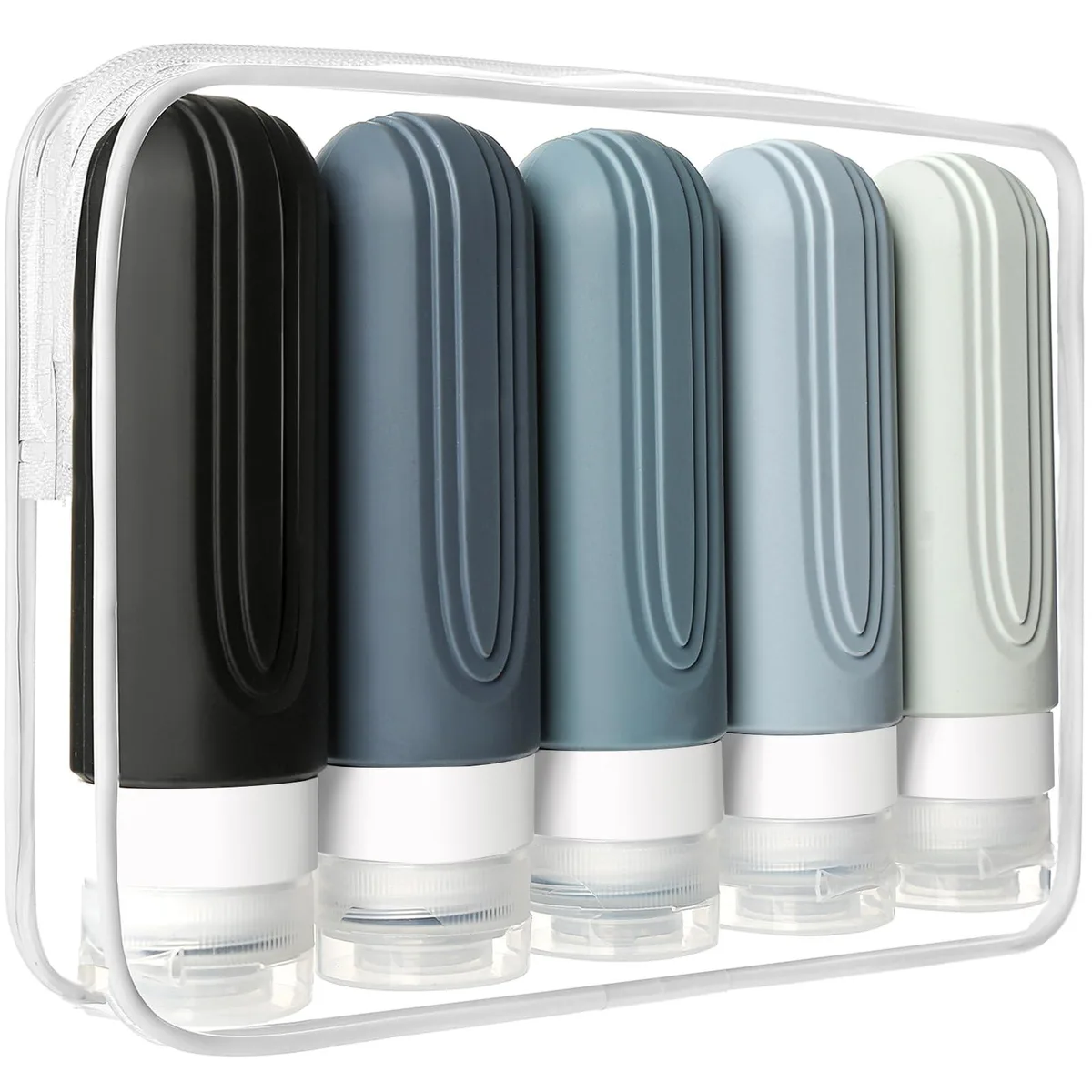 Five black silicone travel bottles with caps and a white zippered toiletry bag
