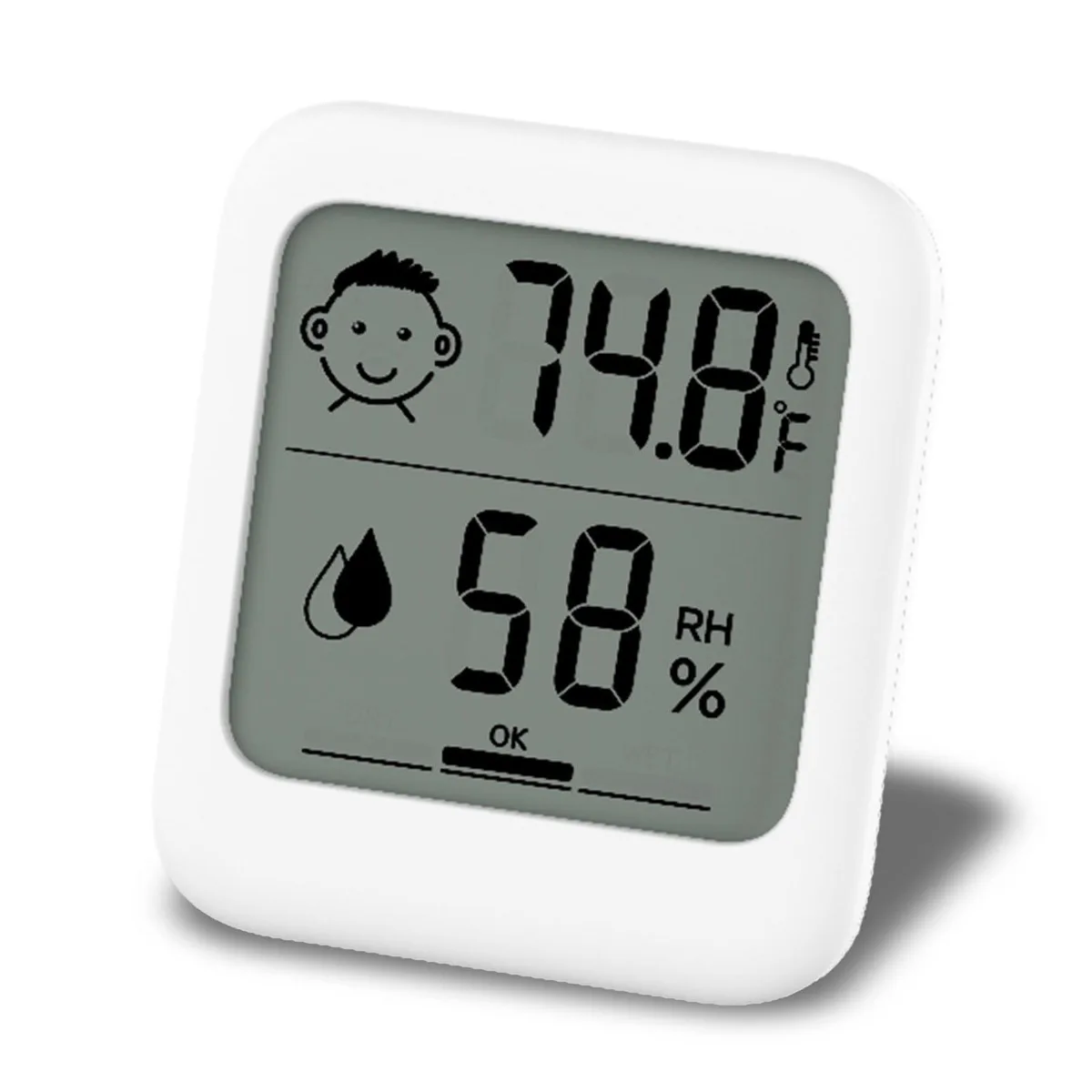 Yellow plastic digital thermometer hygrometer with comfort face display and stand