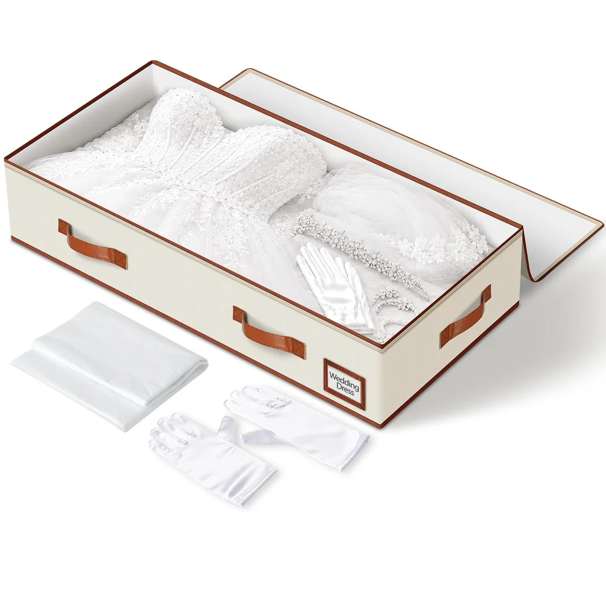 Silver rectangular fabric storage box with zippered lid pocket, reinforced sides, and handles