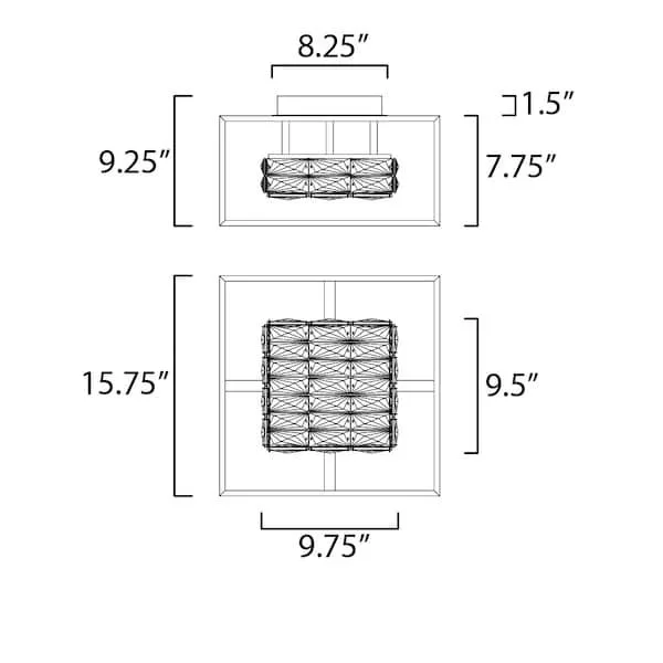 Black flush-mount light with rectangular beveled crystals forming soft square cylinders, LED illuminated