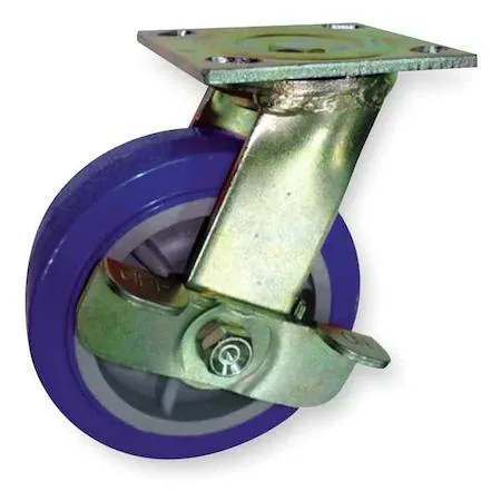 Blue polyurethane wheel on silver fork with top mounting plate