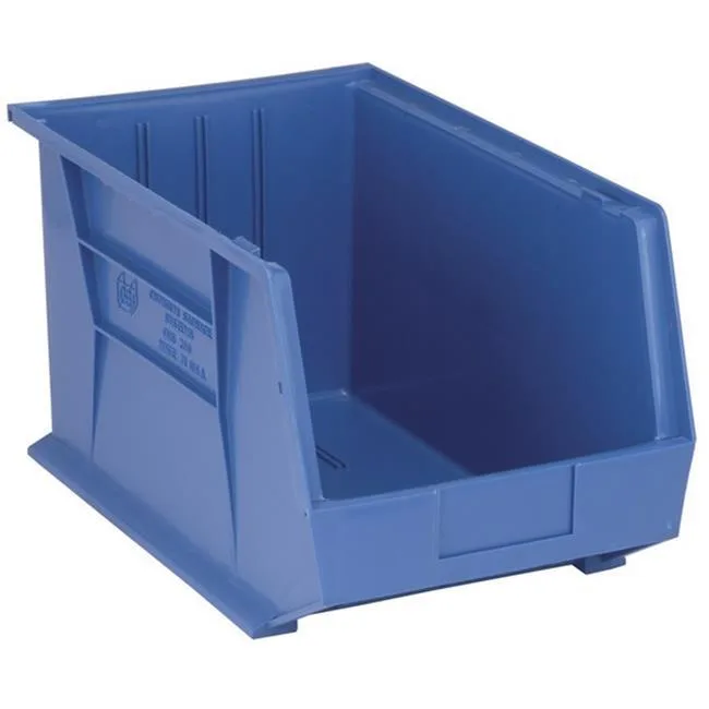 Blue polypropylene hang-and-stack storage bin with rear hanger and label slots