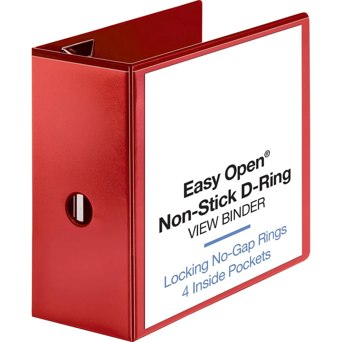 Red D-ring view binder with four interior pockets and non-stick label overlay