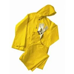Yellow polyurethane rain jacket, hip length, snap front, storm flap, nylon lining
