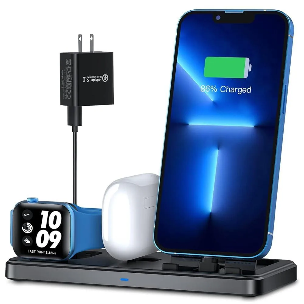 A flat, rectangular charging pad with three marked zones for phone, watch and earbuds, dark matte finish, folded closed