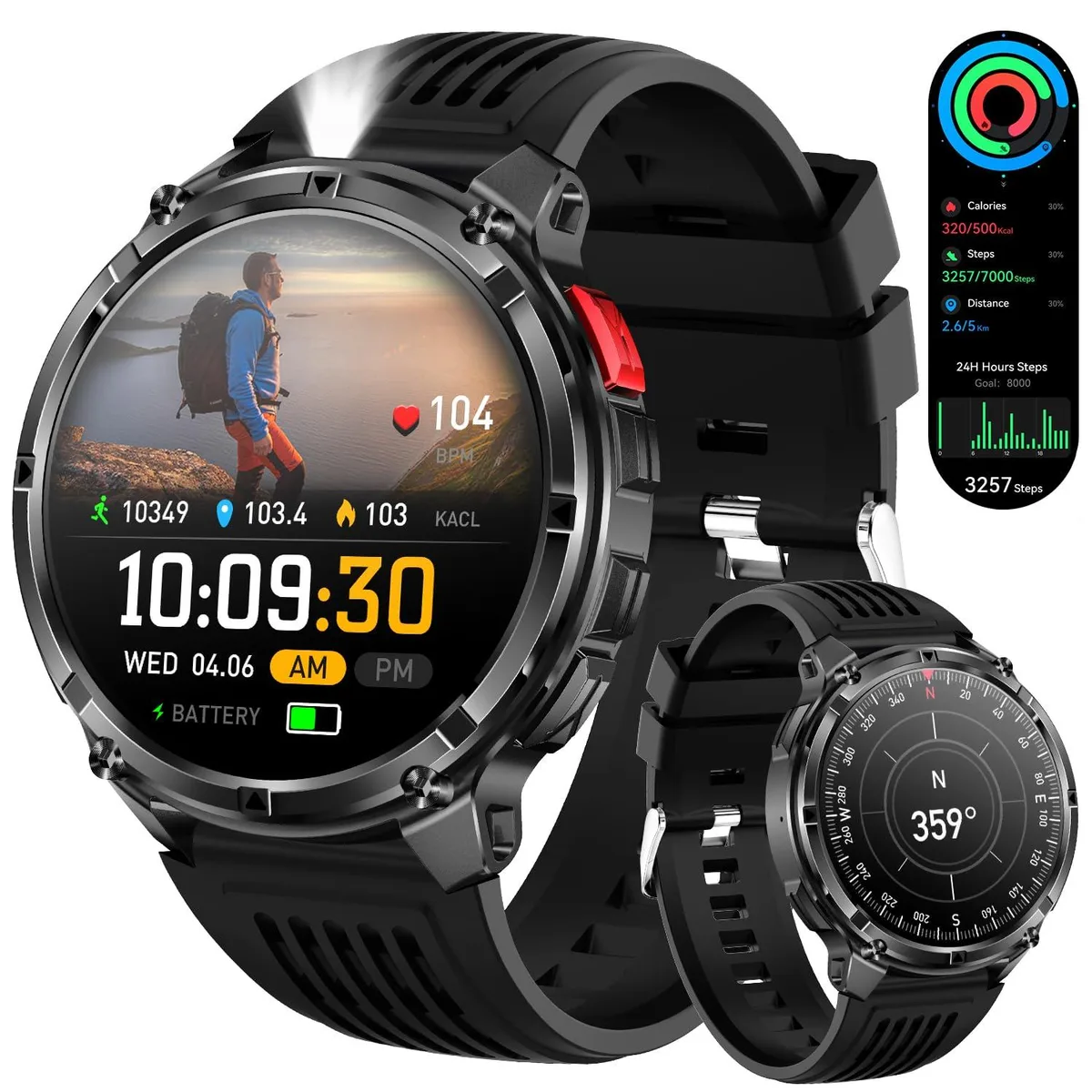  FESMEY 1.7" Smart Watch Black 1100mAh 100-Day Standby Compass Flashlight — product photo