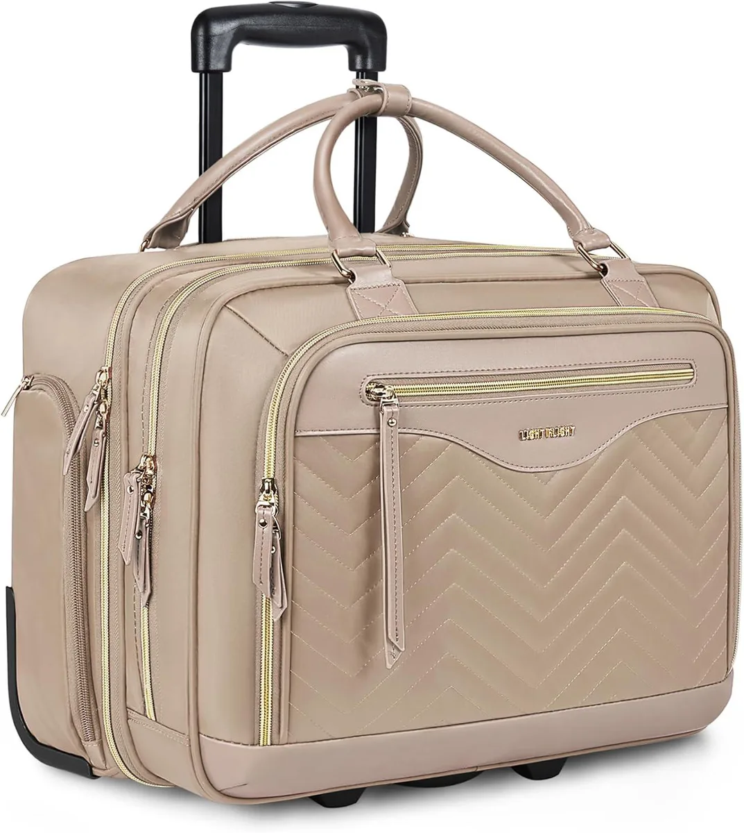 Champagne rolling laptop bag with wheels and telescoping handle