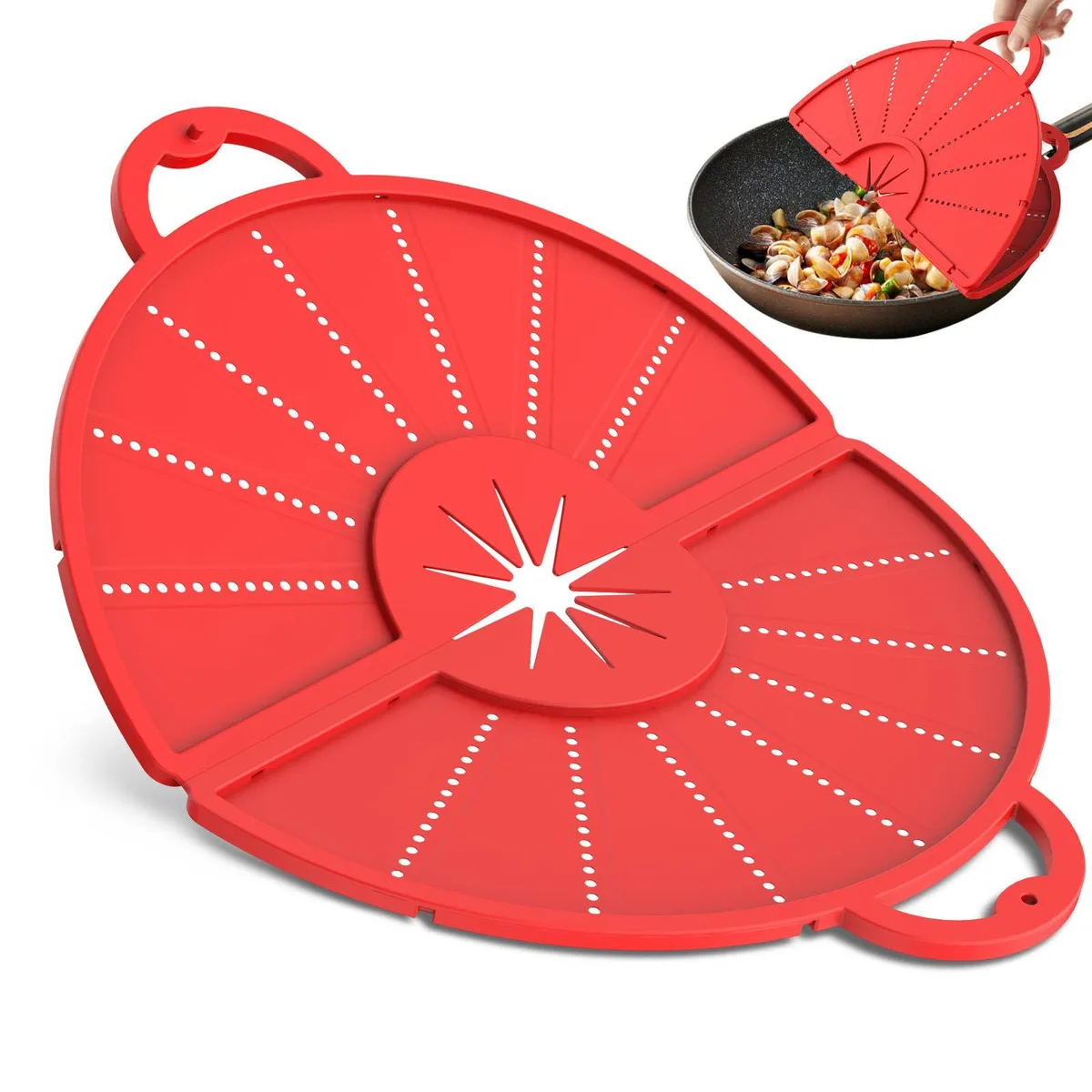 Red foldable silicone splatter screen with handle, shown open flat for 12-inch pan