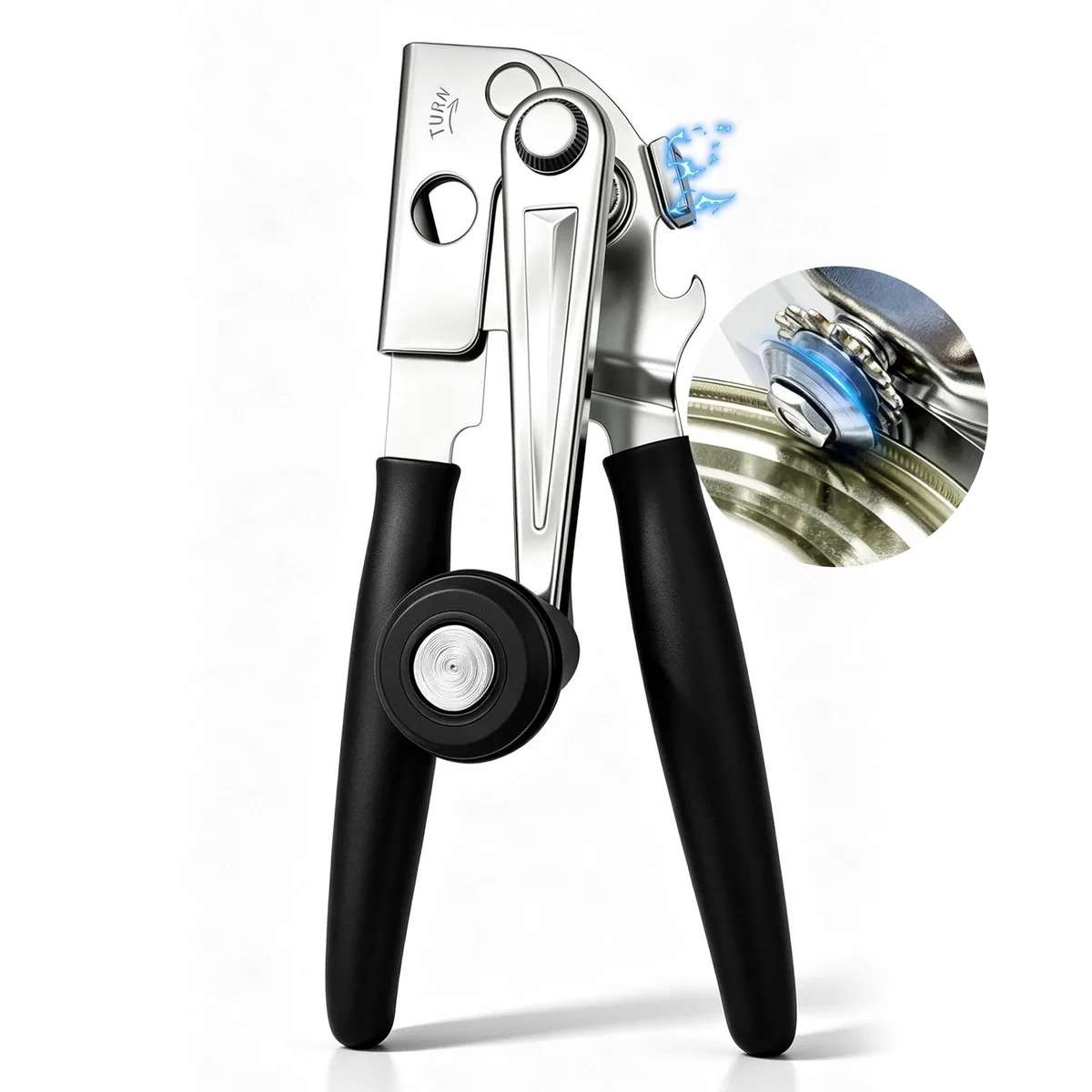 Silver manual can opener with long curved handles, 8.82 inches tall