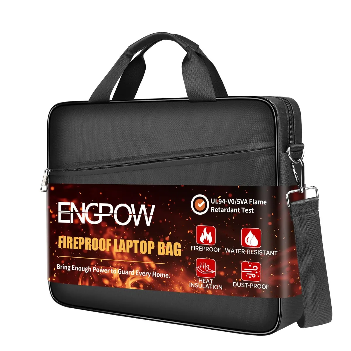 Black rectangular messenger bag with shoulder strap and dual zippers, 16.1 by 12.2 by 2.4 inches, fire-retardant fiberglass fabric