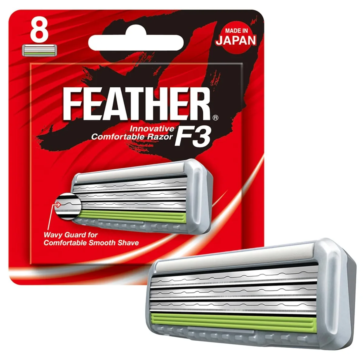 Eight razor blade cartridges in plastic packaging, each with three blades and a wavy guard