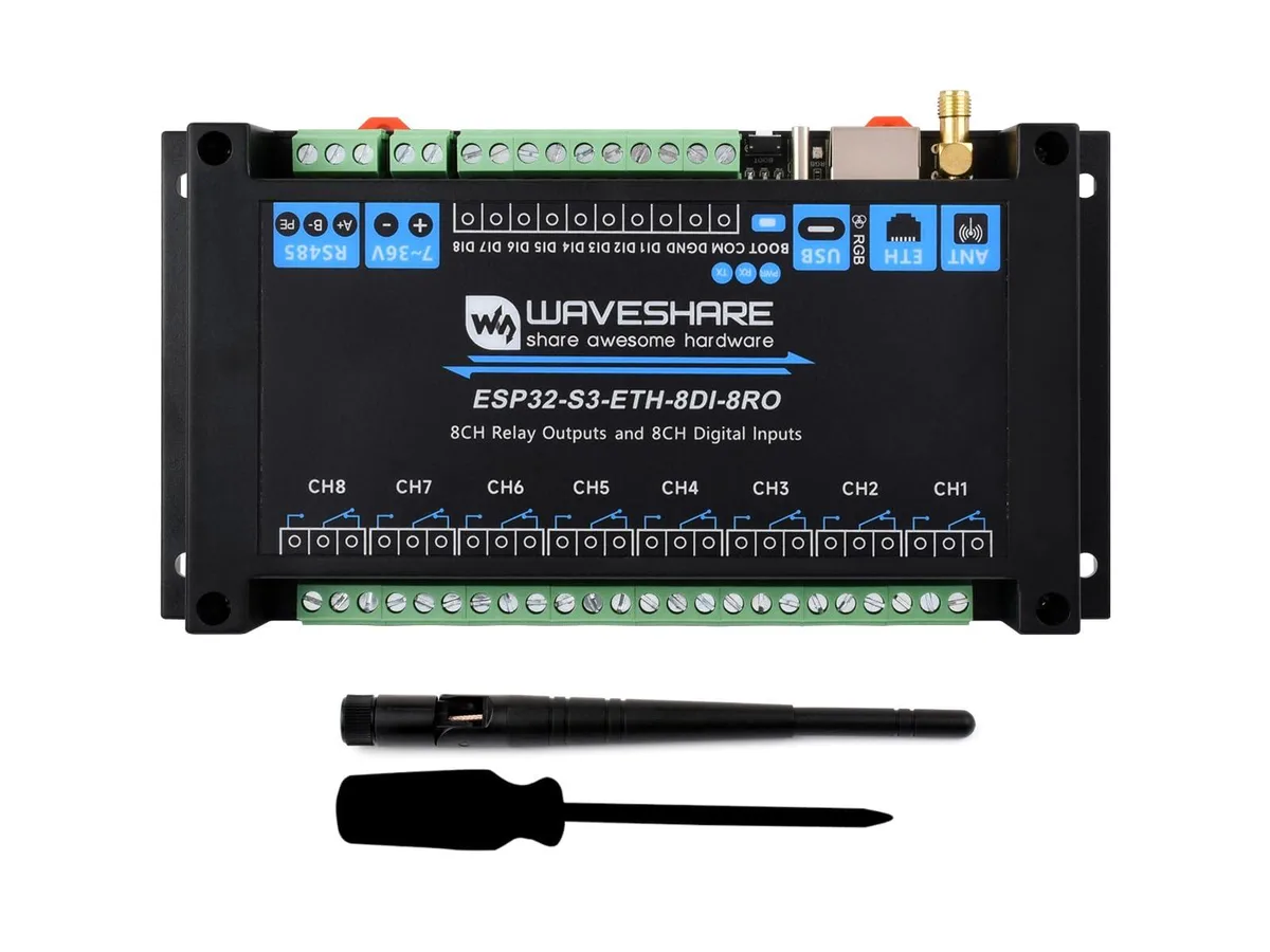 Green rectangular circuit board with eight black relay blocks, screw terminals, Ethernet port and USB-C connector
