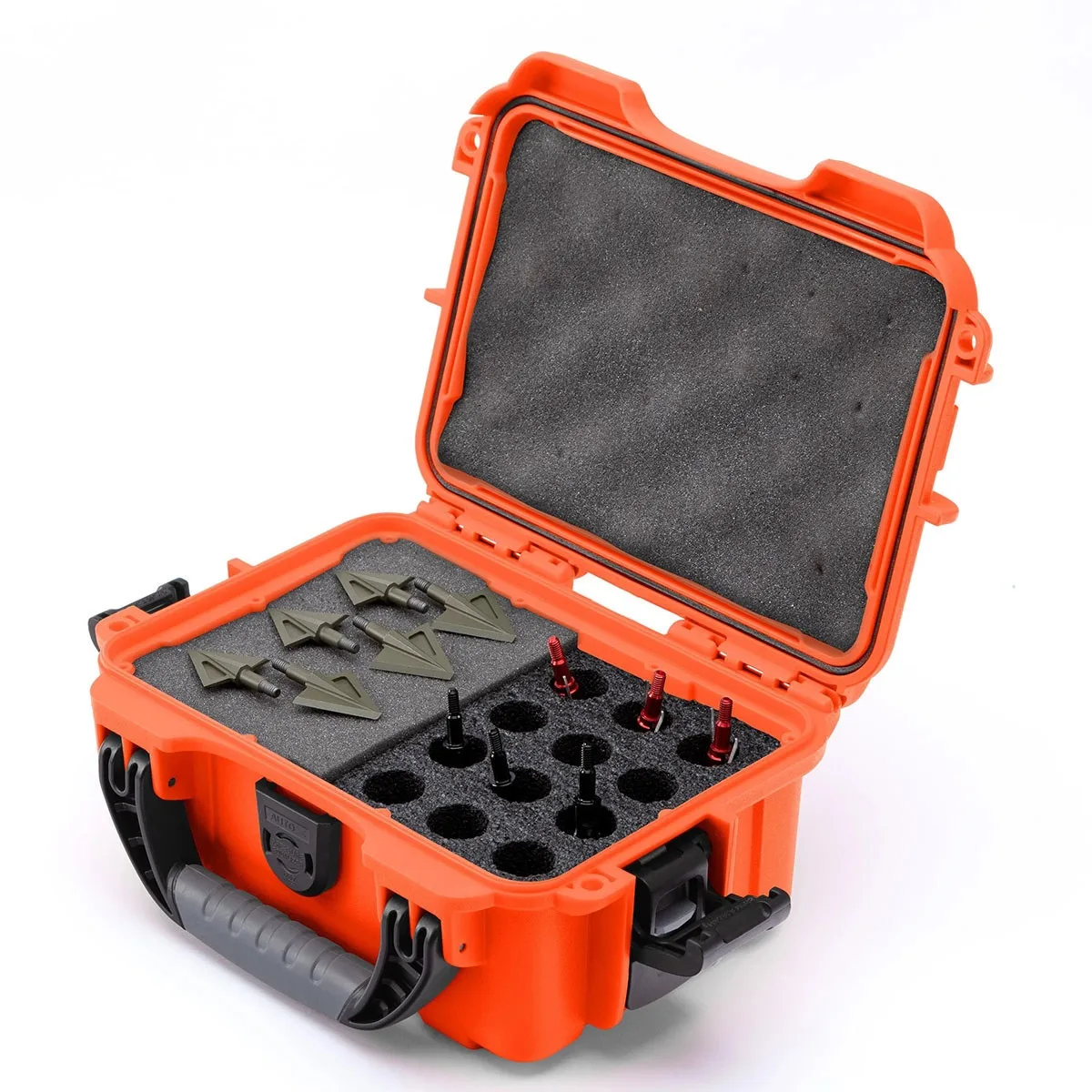 Orange NANUK 903 hard case with foam insert for 12 broadheads