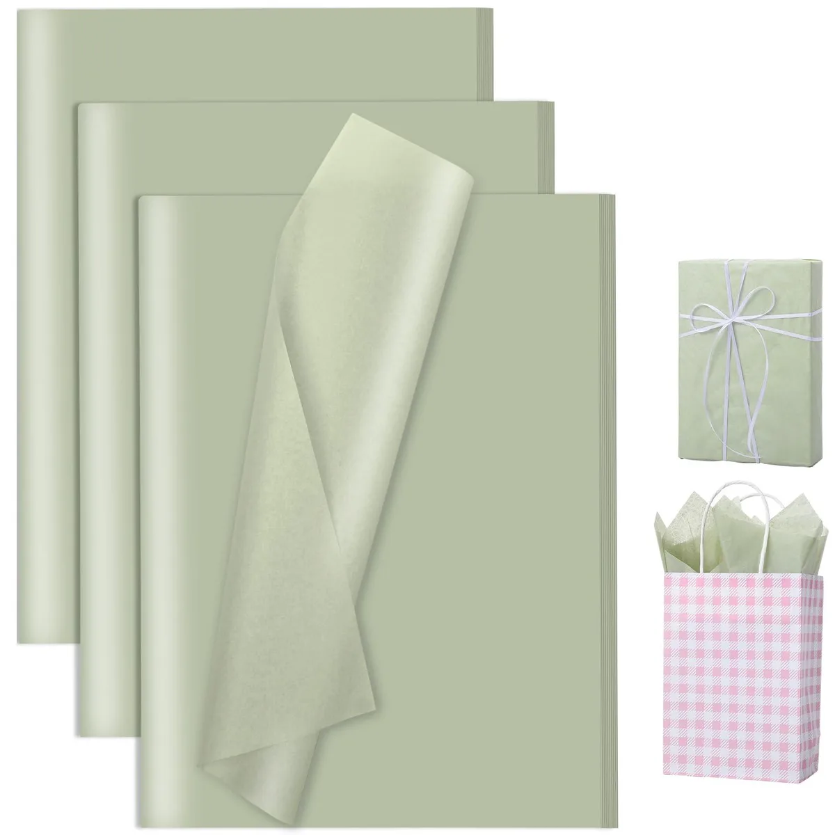 Stack of 80 sage green tissue paper sheets 14 by 20 inches in roll