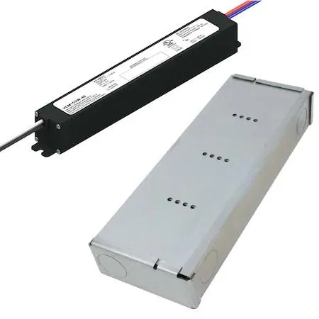 Compact rectangular metal junction box with integrated 48V 60W LED driver, matte finish, cable entries visible