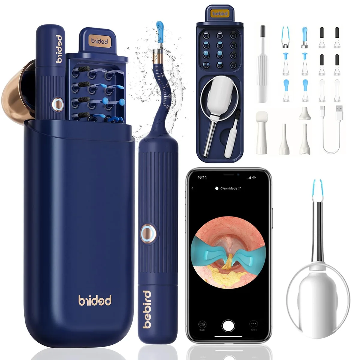 Blue ear wax removal tool with camera and LED light