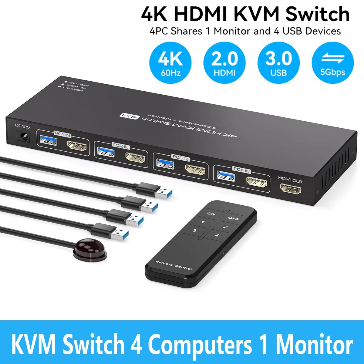 IHDAPP IHDAPP 4-Port HDMI KVM Switch 4K@60Hz USB 3.0 IR Remote — product photo