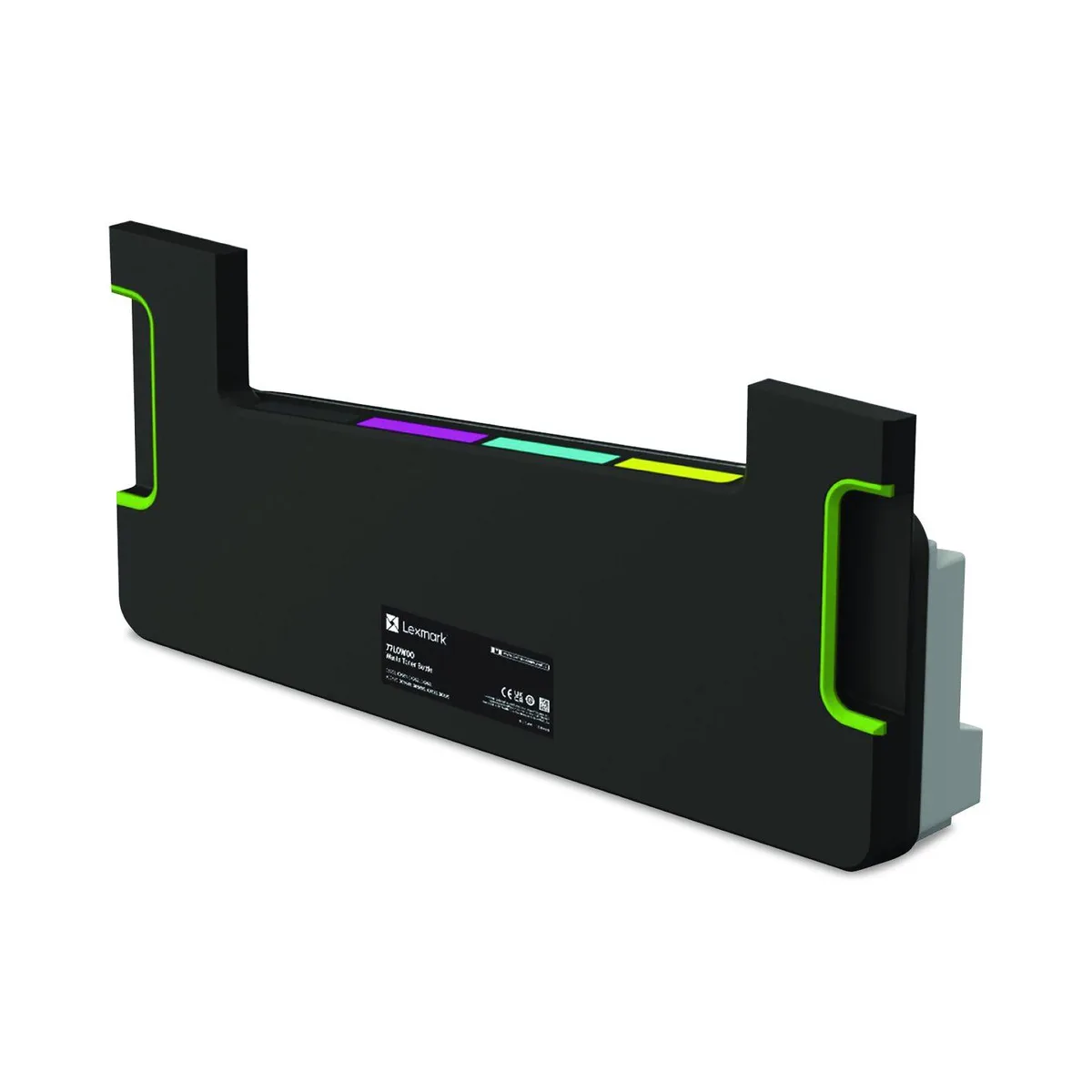 Rectangular black plastic waste toner bottle with Lexmark branding