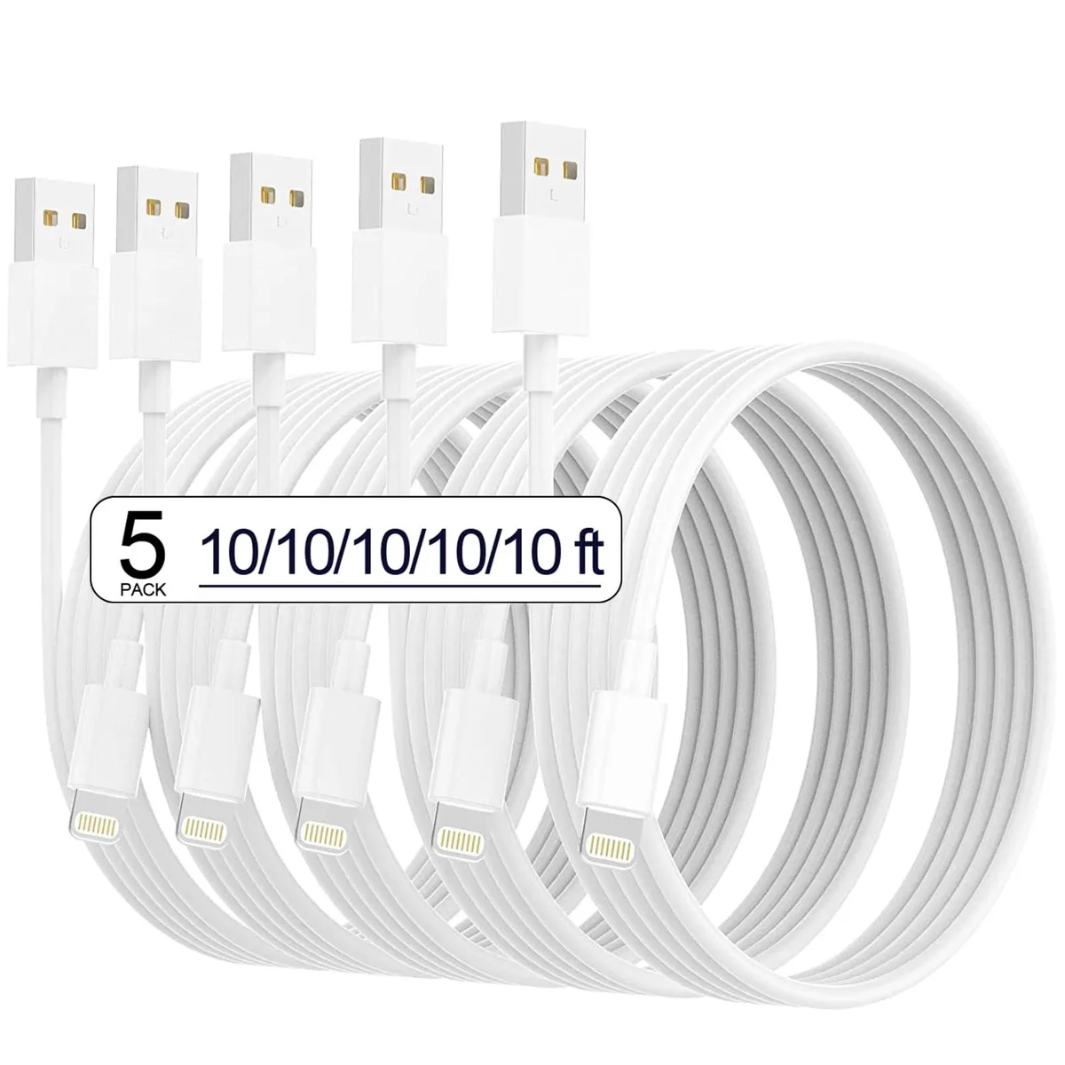 Five white Lightning to USB-C cables coiled together