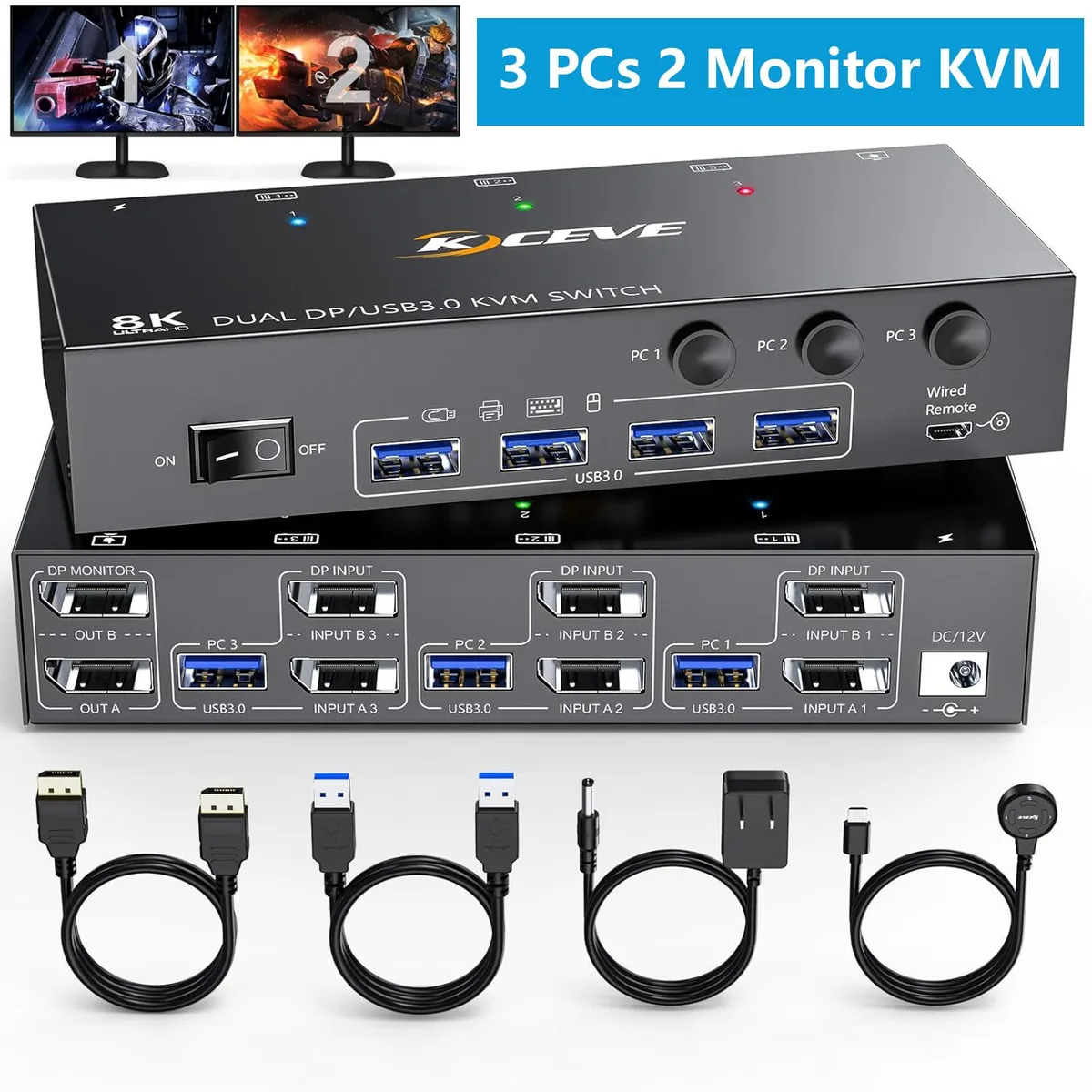 AUTYUE AUTYUE DisplayPort KVM Switch 3 PCs 2 Monitors USB 3.0 Wired Remote — product photo