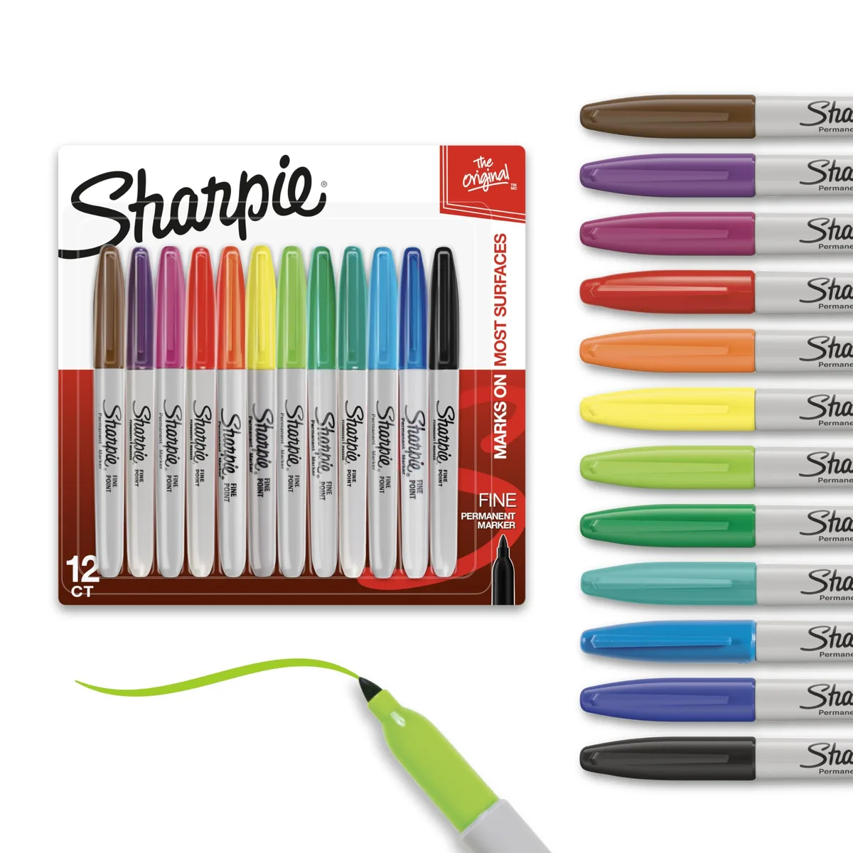A carded pack of twelve fine-tip Sharpie permanent markers in assorted colours, plastic barrels with colour-matched caps