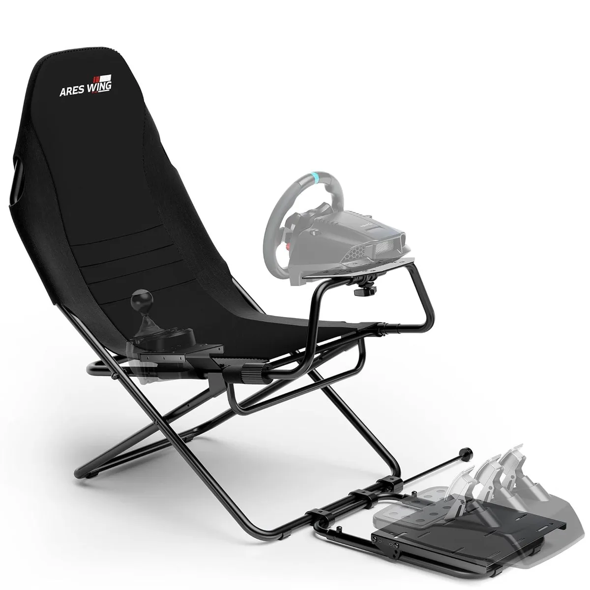Black foldable racing simulator cockpit with bucket seat and adjustable steel frame