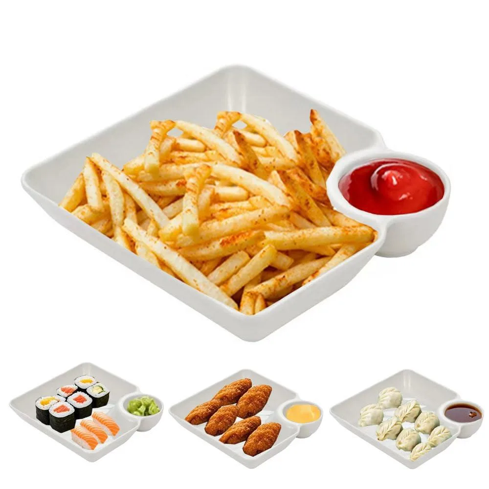 White ceramic round serving dish with central dip compartment, 7.28in diameter, 1.57in deep