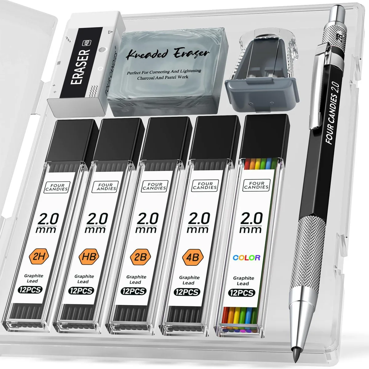 Black metal 2.0mm mechanical pencil with pocket clip, storage case, 60 lead refills, erasers, sharpener