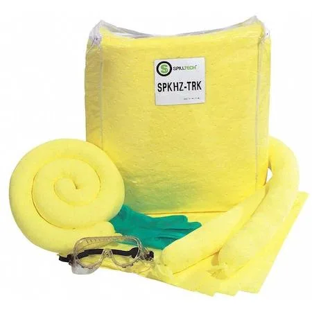 Clear zippered bag containing 29-piece spill kit with pads, socks, gloves and goggles