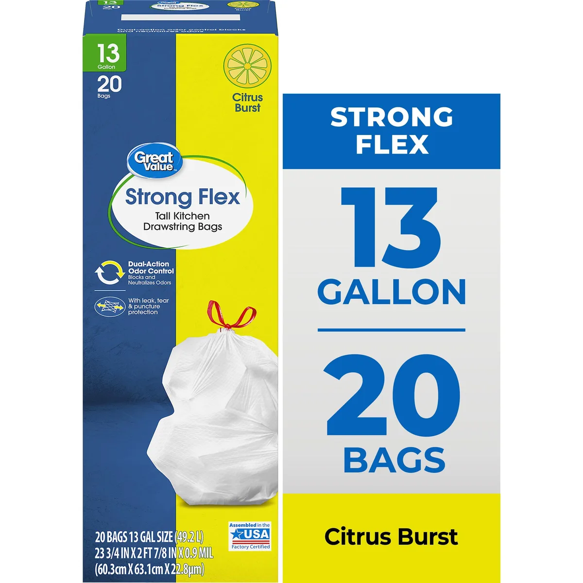 White rectangular box containing 20 scented 13-gallon drawstring kitchen trash bags