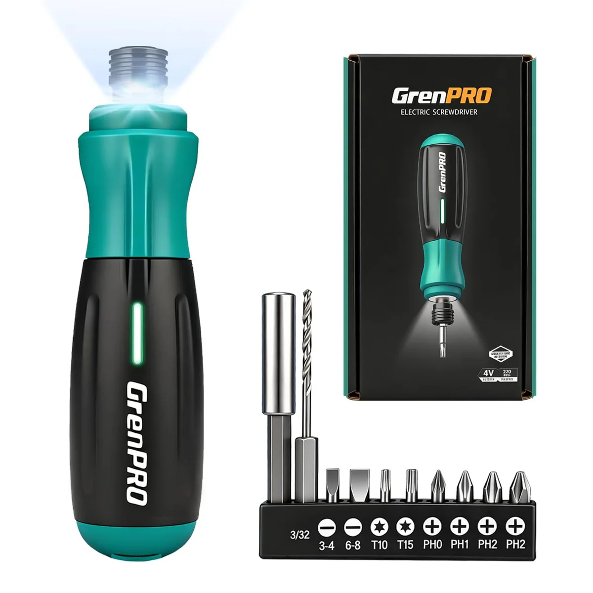 Green GrenPRO 4V cordless screwdriver with 10 bits and LED light