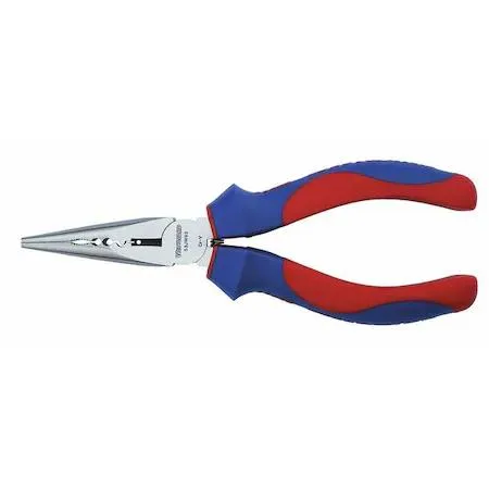 Six-inch needle-nose pliers with blue-red ergonomic handles and serrated jaws