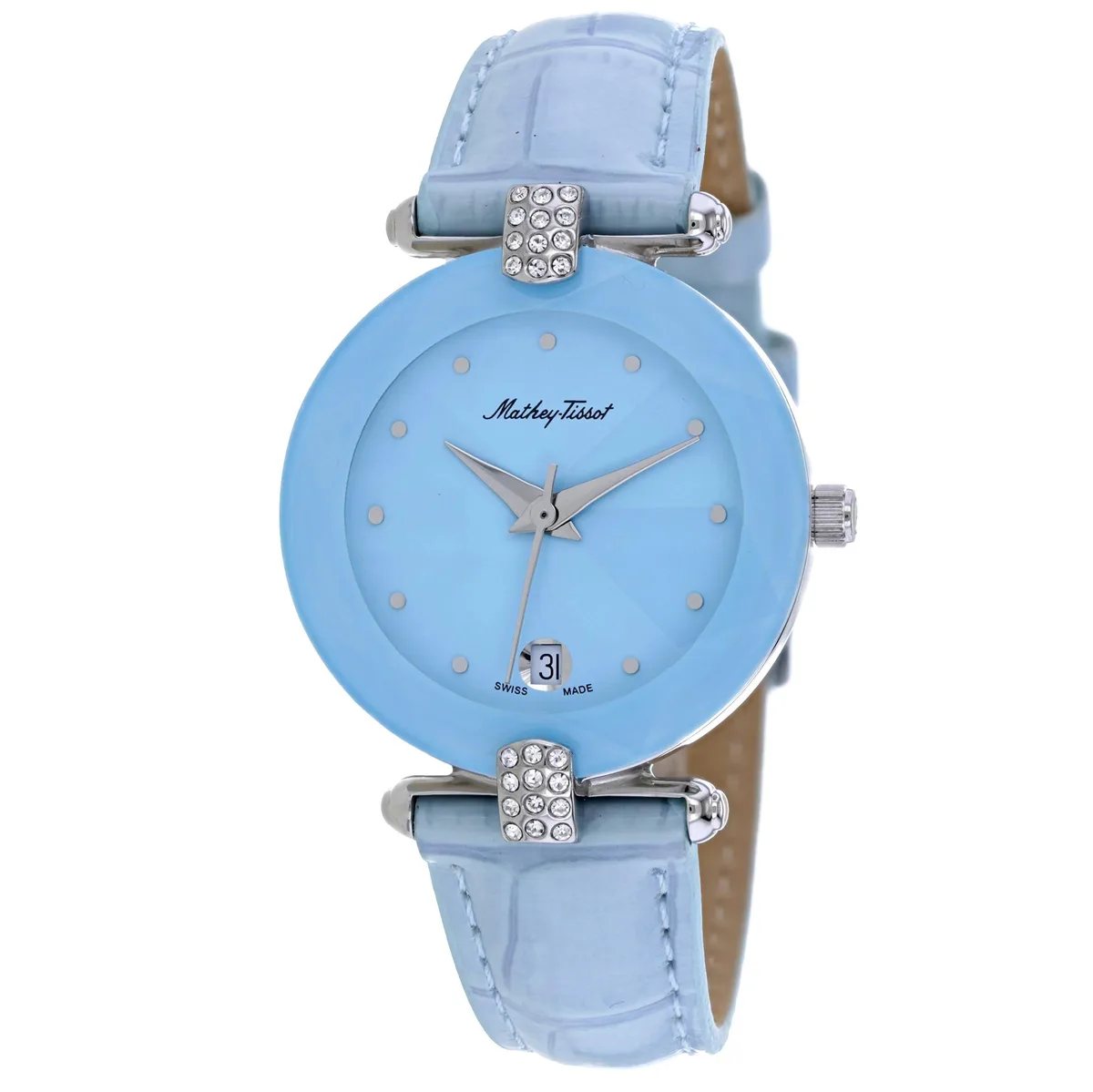 Stainless steel watch with blue dial and leather strap